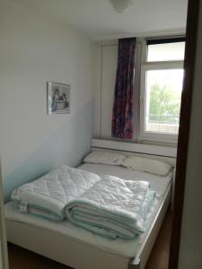 a bed in a room with a window at Strandhotel Wohnung 24 in Dahme