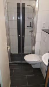 W łazience znajduje się prysznic, toaleta i umywalka. w obiekcie Strandhotel Wohnung 42 w mieście Dahme