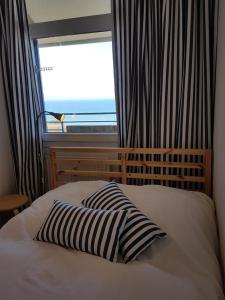 a bed with two pillows in front of a window at Strandhotel Wohnung 62 in Dahme