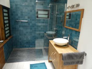 y baño de azulejos azules con lavabo y ducha. en LE TUIT TUIT en Petite Île