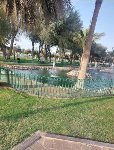 a fence in front of a pond with a fountain at Roxy Hostel in Abu Dhabi