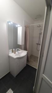 um banheiro branco com pia e chuveiro em casa nedelcu em Craiova mais 41 fotografias