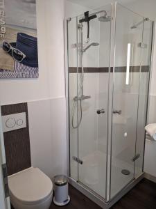 a bathroom with a glass shower with a toilet at Yachthafenresidenz-Wohnung-8411-871 in Kühlungsborn