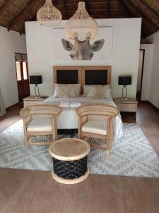 a bedroom with a bed with two chairs and a table at Mologa River Lodge in Rust de Winter