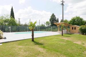 a swimming pool in a yard with two palm trees at CasaLina Appartamento in Santa Croce sullʼ Arno