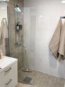 a bathroom with a shower and a sink at Kodikas kaksio lähellä keskustaa in Tampere
