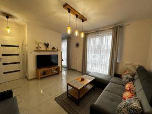 a living room with a couch and a television at Apartament Moderato in Starogard Gdański