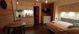 a small bedroom with a bed and a kitchen at Willa Belmont in Zakopane