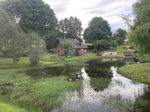 una casa con un estanque delante de ella en Willowbrooke Cottage en Himeville
