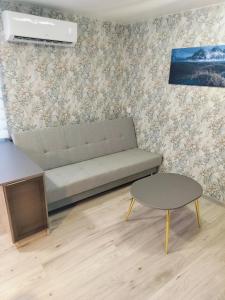 een woonkamer met een bank en een tafel bij Laivų gatvės apartamentai in Telšiai