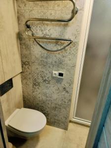 een badkamer met een toilet en een douche bij Laivų gatvės apartamentai in Telšiai