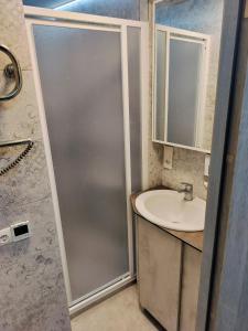 a bathroom with a shower and a sink at Laivų gatvės apartamentai in Telšiai