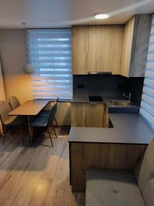 een keuken en eetkamer met een tafel en stoelen bij Laivų gatvės apartamentai in Telšiai