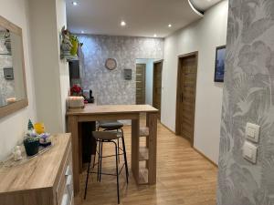 a kitchen with a counter and a bar in a room at Sunny House One in Bratislava