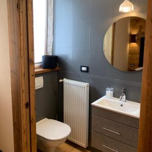 a bathroom with a toilet and a sink and a mirror at Piccolo gioiello di montagna in Villanova