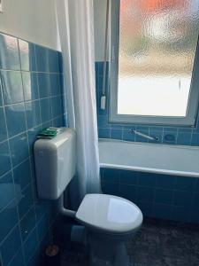 La salle de bains bleue est pourvue de toilettes et d'une fenêtre. dans l'établissement Personalunterkunft in Bad Bentheim bis 14 Personen, à Bad Bentheim