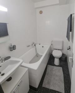 La salle de bains est pourvue d'une baignoire, de toilettes et d'un lavabo. dans l'établissement Central and Cozy Haven in Geneva, à Genève