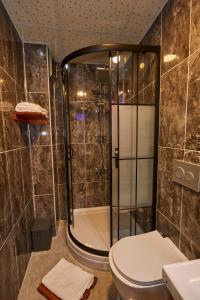 y baño con ducha y aseo. en Sabina Hotel near Grand Bazaar, city center, en Estambul