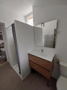 La salle de bains est pourvue d'un lavabo, de toilettes et d'un miroir. dans l'établissement Dépendance au charme local, à Saint-Carné