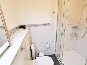 a bathroom with a toilet and a shower at Apartmentvermittlung Mehr als Meer - Objekt 46 in Niendorf