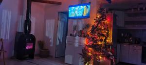 a living room with a christmas tree and a tv at Căsuța din CRAI in Zărneşti