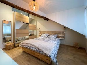ein Schlafzimmer mit einem Bett und einem großen Spiegel in der Unterkunft Beautilful flat in Saint germain en laye in Saint-Germain-en-Laye