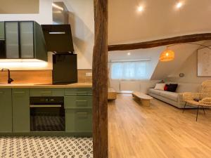 a kitchen with green cabinets and a living room at Beautilful flat in Saint germain en laye in Saint-Germain-en-Laye