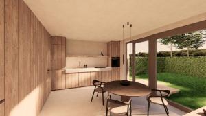 a kitchen and dining room with a table and chairs at Woodz Lodges in Heusden - Zolder