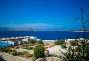 un giardino con vista sull'oceano di Irenes View Apartments ad Agia Irini Paros
