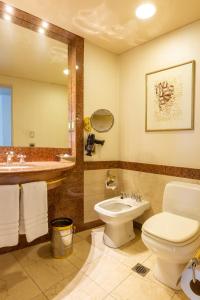 uma casa de banho com um WC, um lavatório e um espelho. em Quinto Centenario Hotel em Córdoba