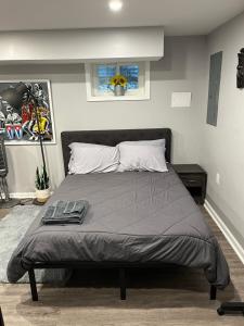 a bedroom with a bed with a gray comforter at Urban Retreat Basement Studio Only Two Blocks From Metro! OFF STREET PARKING! in Washington, D.C.