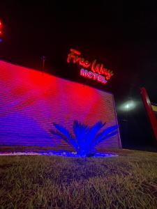 a building with a neon sign and a plant at Free Way Motel in Poços de Caldas