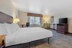 ルイストンにあるSeaport Inn & Suitesのベッド1台、薄型テレビが備わるホテルルームです。