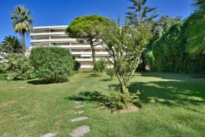ein Baum im Gras vor einem Gebäude in der Unterkunft Close to downtown Cannes swimming pool and sea view in Cannes
