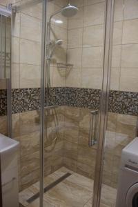 une douche avec une porte vitrée dans une salle de bain dans l'établissement AS apartmán sever, à Košice 7 autres photos