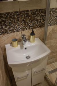 - un lavabo avec deux tasses dans l'établissement AS apartmán sever, à Košice