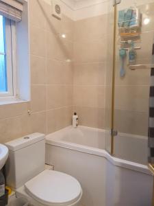 a bathroom with a toilet and a bath tub at The Hidden Gem in Watford