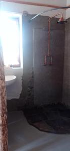 a bathroom with a shower with a sink and a window at Baita Bertolini in Monclassico