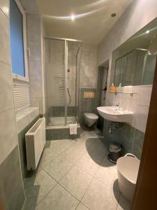 ein Bad mit einem Waschbecken, einem WC und einer Dusche in der Unterkunft Apartments in der Rostocker Innenstadt in Rostock