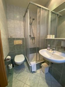 a bathroom with a toilet and a sink and a shower at Apartments in der Rostocker Innenstadt in Rostock
