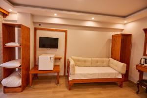Habitación con sofá, espejo y TV. en Sabina Hotel near Grand Bazaar, city center, en Estambul