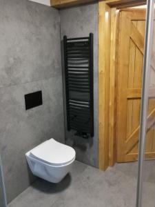 a bathroom with a toilet and a wooden door at Apartament NA PIĘTERKU in Rzepiska