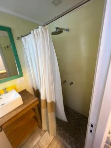 馬德普拉塔的住宿－Habitaciones Garay 3100，浴室配有淋浴帘和盥洗盆。