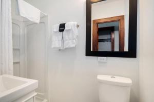 a bathroom with a white toilet and a mirror at Historic Hotel Nichols in South Haven