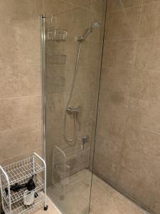 a shower with a glass door in a bathroom at Aparthotel K in Figueres