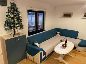 Vikendica Ružica في بال: غرفة معيشة مع أريكة زرقاء وشجرة عيد الميلاد
