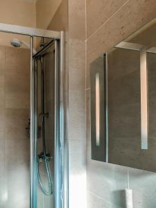 a shower in a bathroom with a mirror at Our Snug in Riccall