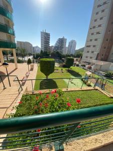 Blick auf einen Park mit Blumen und Gebäuden in der Unterkunft Apartamento Mar y Sol Benidorm in Cala de Finestrat