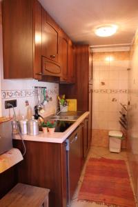 Una pequeña cocina con gabinetes de madera y un fregadero. en Livigno Elisir Petit, en Livigno