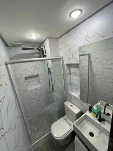 a bathroom with a shower and a toilet and a sink at Flat em Brasília - Park Sul in Brasília